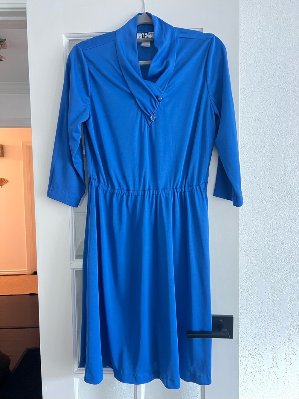 Vintage Classic Blue Women's Dress with Draped Collar